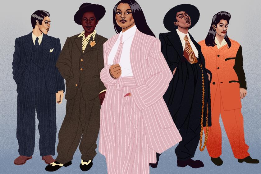 An illustration of three men and two women wearing zoot suits from different eras.