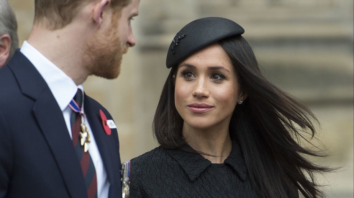 Seen in April, Britain's Prince Harry and Meghan Markle attend a Service of Thanksgiving and Commemoration on ANZAC Day at Westminster Abbey in London. The couple will wed on May 19, and television will be there.