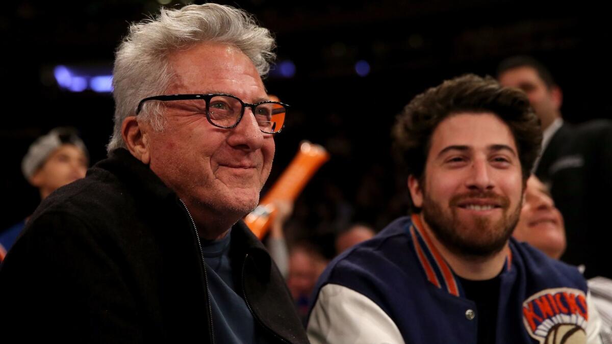 Dustin Hoffman, left, and son Jacob Hoffman at a New York Knicks game at Madison Square Garden on Feb. 12.