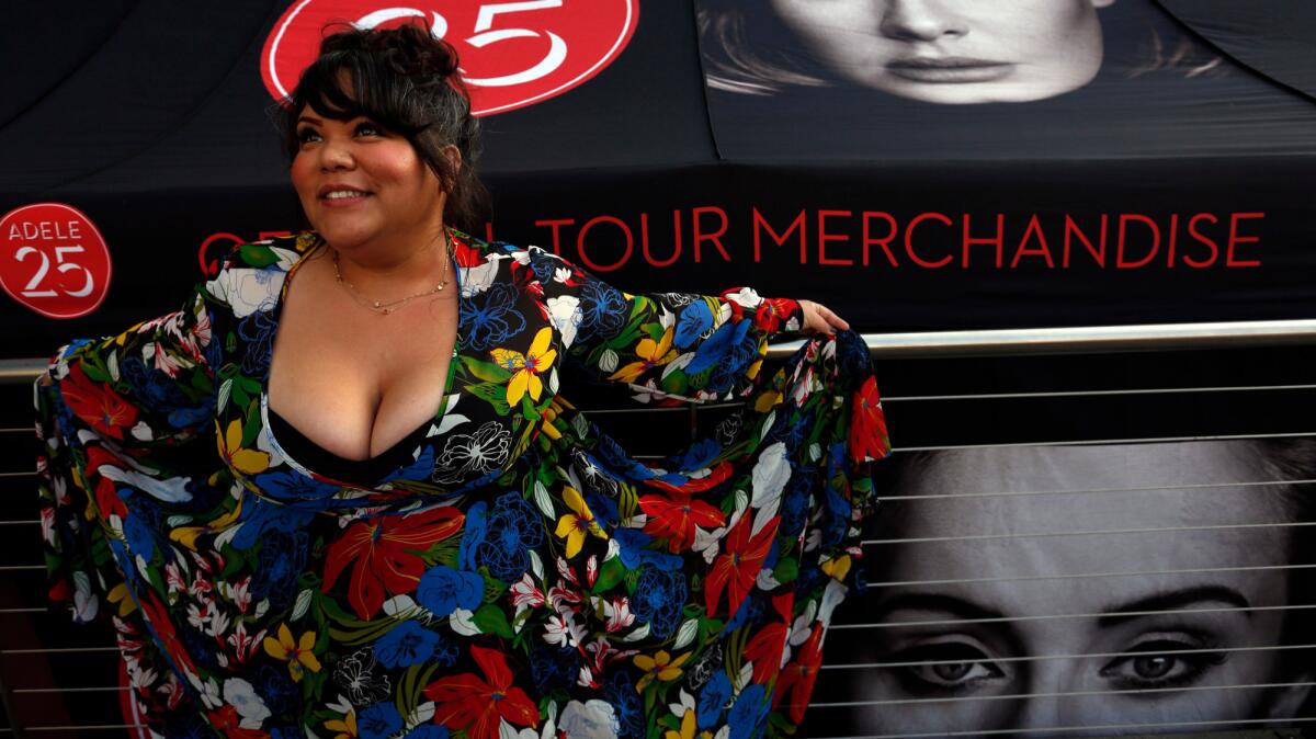 Celeste Rendon, 31, of Sunnyvale, California, presents her new dress in honor of Adele for the first of her eight night sold out run at Staples Center.