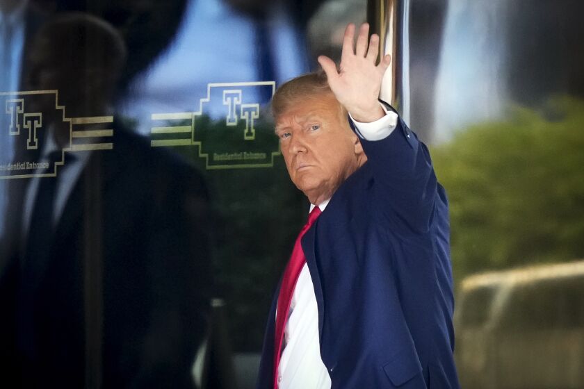 Former President Donald Trump arrives at Trump Tower in New York, Monday, April 3, 2023. Trump is expected to be booked and arraigned the following day on charges arising from hush money payments during his 2016 campaign. (AP Photo/Bryan Woolston)
