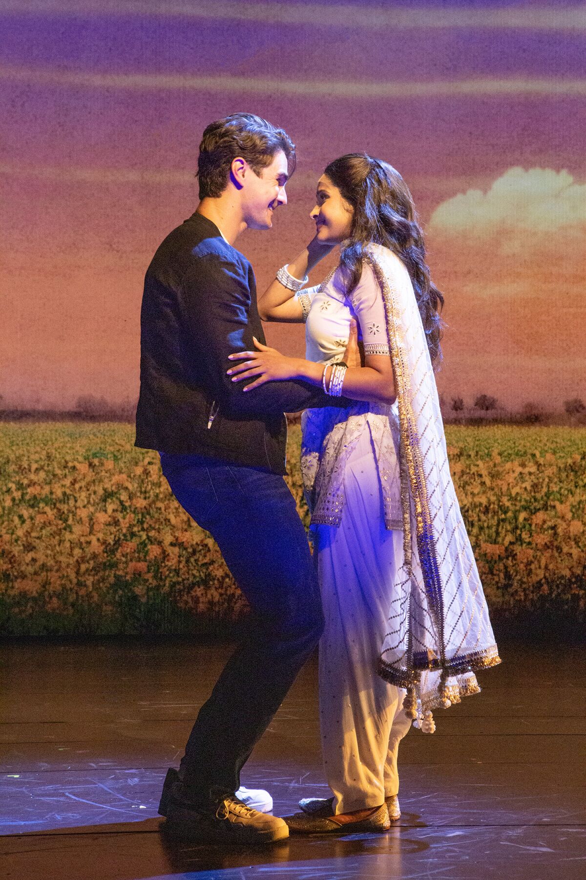 Austin Colby as Roger and Shoba Narayan as Simran in "Come Fall in Love – The DDLJ Musical" at the Old Globe.