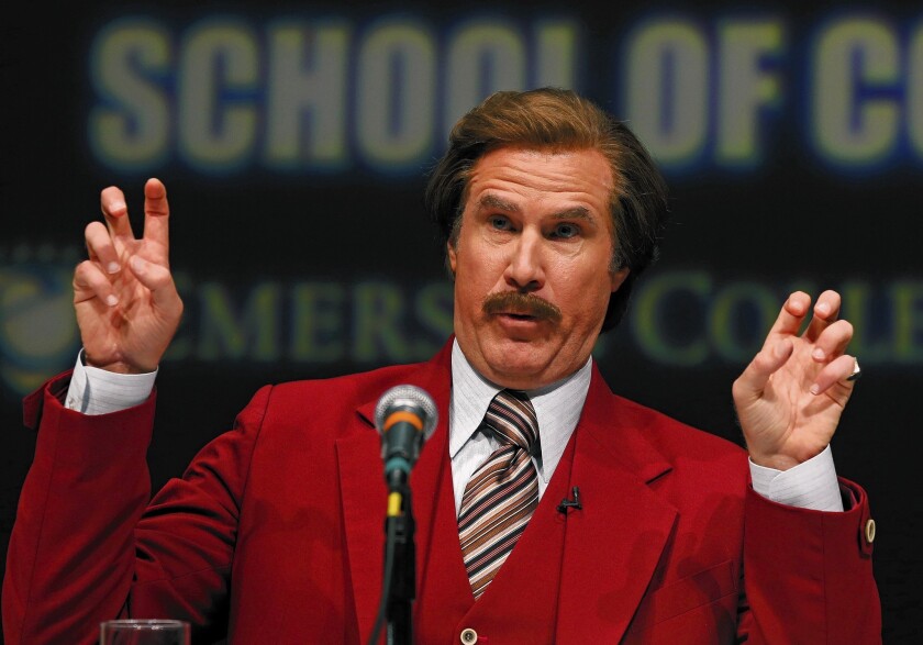 Actor and comedian Will Ferrell, who plays TV anchorman Ron Burgundy, stays in character during a news conference at Emerson College.
