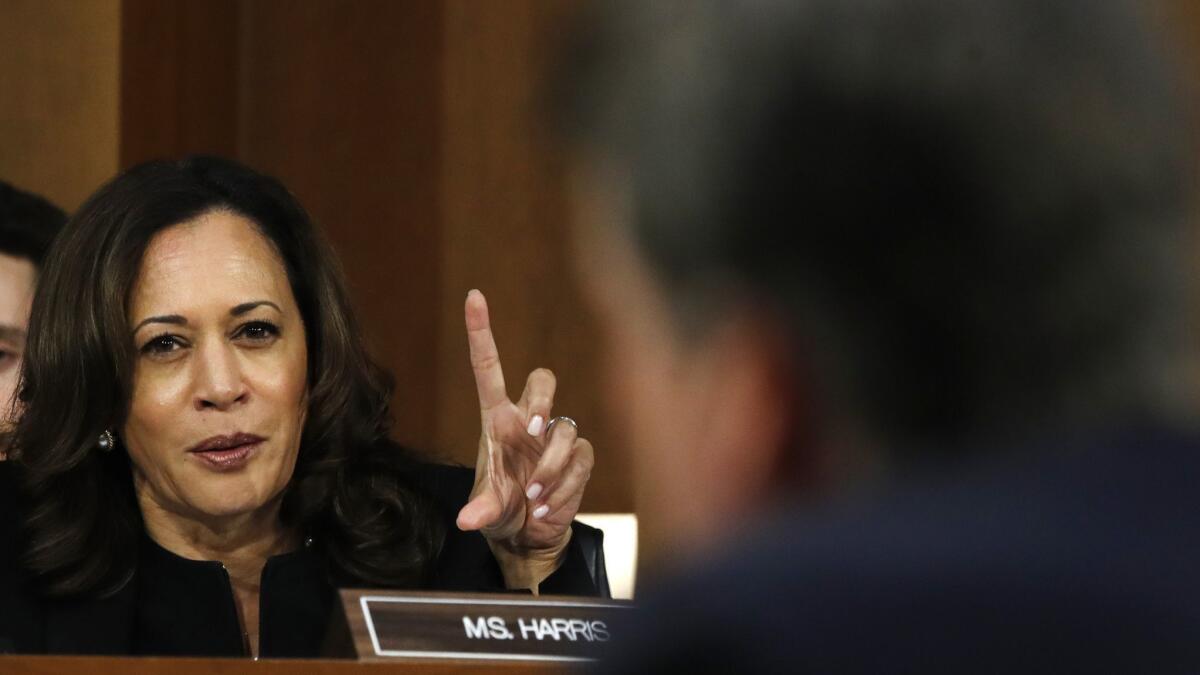 Sen. Kamala Harris questions then-Supreme Court nominee Brett M. Kavanaugh during his Senate Judiciary Committee confirmation hearing in September.