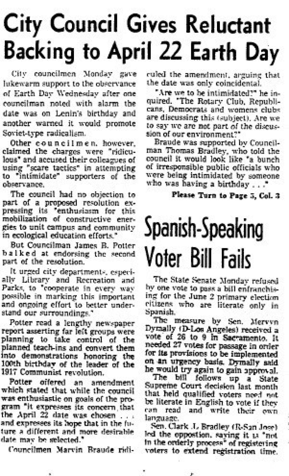 A story in the April 21, 1970 Los Angeles Times discusses a City Council debate about a resolution to support Earth Day.