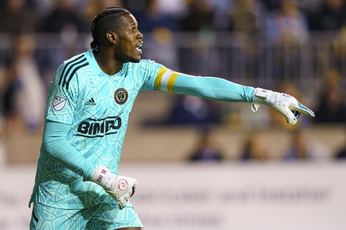 The Philadelphia Union's Andre Blake directs his teammates during a match New York City FC on Sunday.