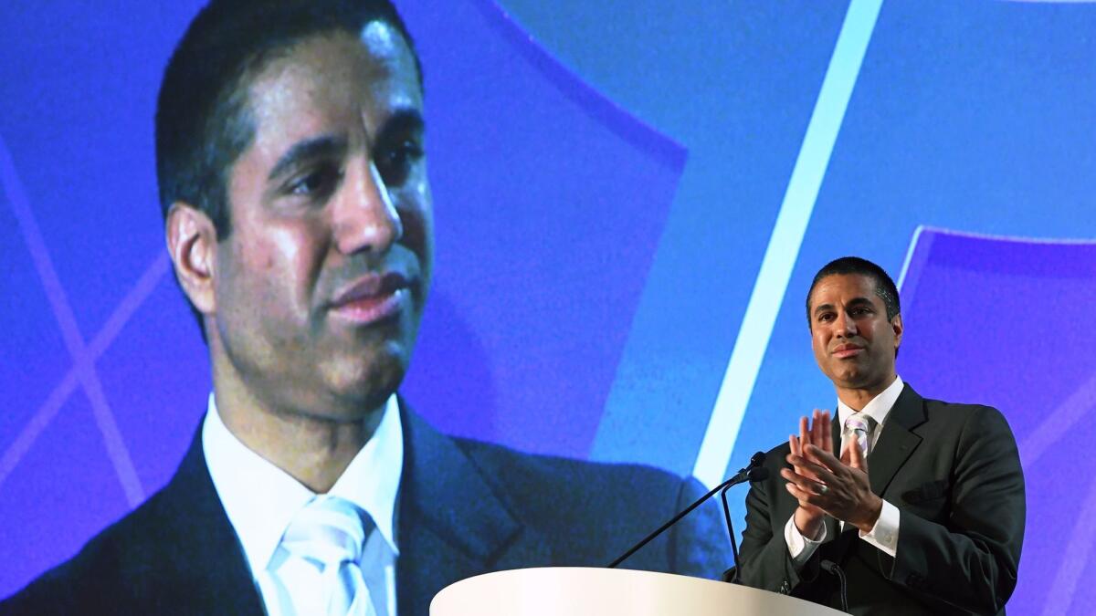 Federal Communications Commission Chairman Ajit Pai speaks Tuesday during the 2017 National Assn. of Broadcasters show in Las Vegas.