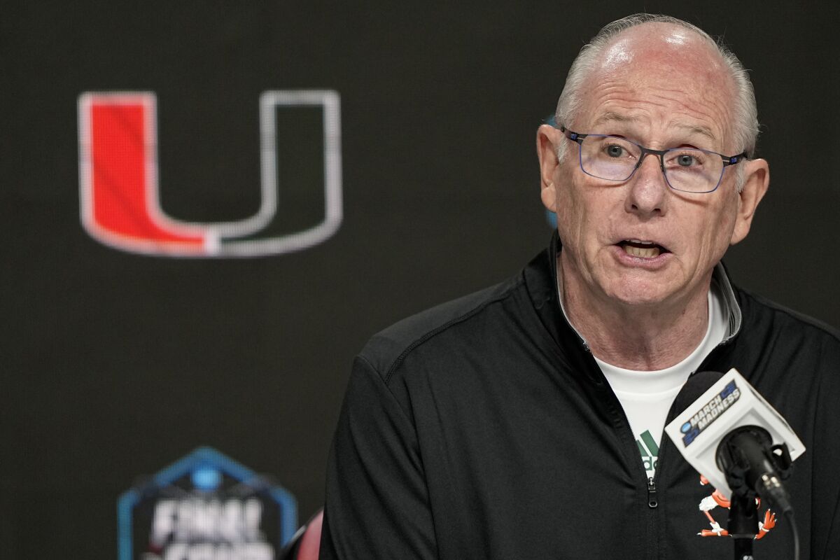 Miami head coach Jim Larranaga speaks during a news conference in preparation for the Final Four college basketball game in the NCAA Tournament on Thursday, March 30, 2023, in Houston. Miami will face UConn on Saturday. (AP Photo/David J. Phillip)