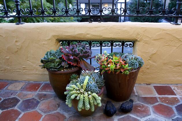 Echeveria, donkey tail and other succulents create a drought-tolerant container garden on the balcony overlooking the street. Hexagonal terra cotta tiles from Ann Sacks in Los Angeles echo smaller terra cotta tiles original to the living room hearth. The wrought-iron railing, also fabricated by Roberts Iron Works, complements the existing grate.