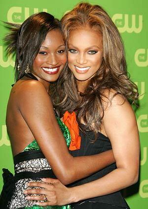 Models Danielle Evans and Tyra Banks attend the CW Television Network Upfront at Madison Square Garden.