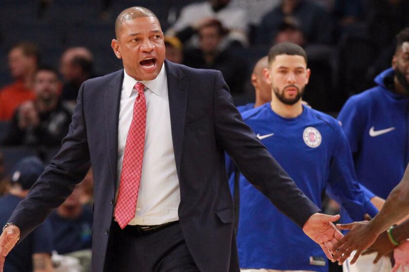 Los Angeles Clippers Doc Rivers yells during a timeout against the Minnesota Timberwolves in the third quarter of an NBA basketball game on Sunday, Dec. 3, 2017, in Minneapolis. The Timberwolves defeated the Clippers 112-106. (AP Photo/Andy Clayton-King)