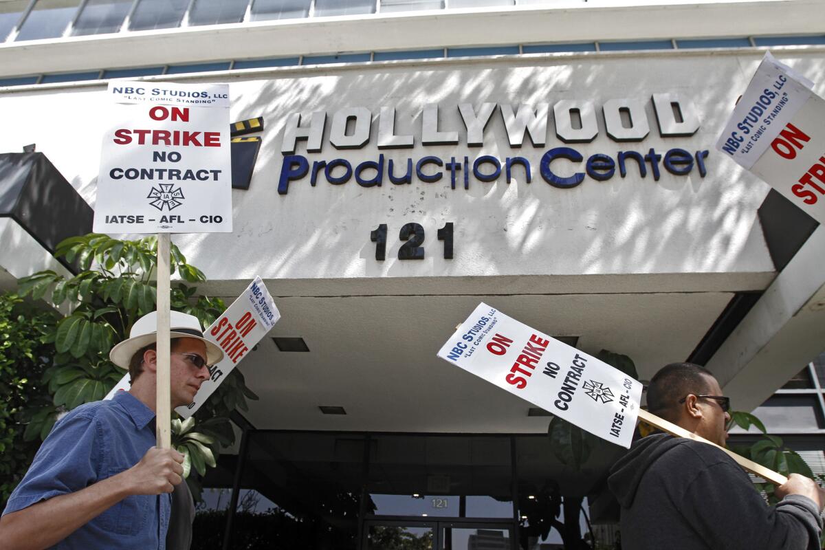 The editing team of the show the Last Comic Standing picketed outside the Hollywood Production Center, where the show is edited, in Glendale on Tuesday, April 22, 2014. The editors are walked out on Monday, April 21 in hopes of joining the International Alliance of Theatrical Stage Employees, Local 700 union.