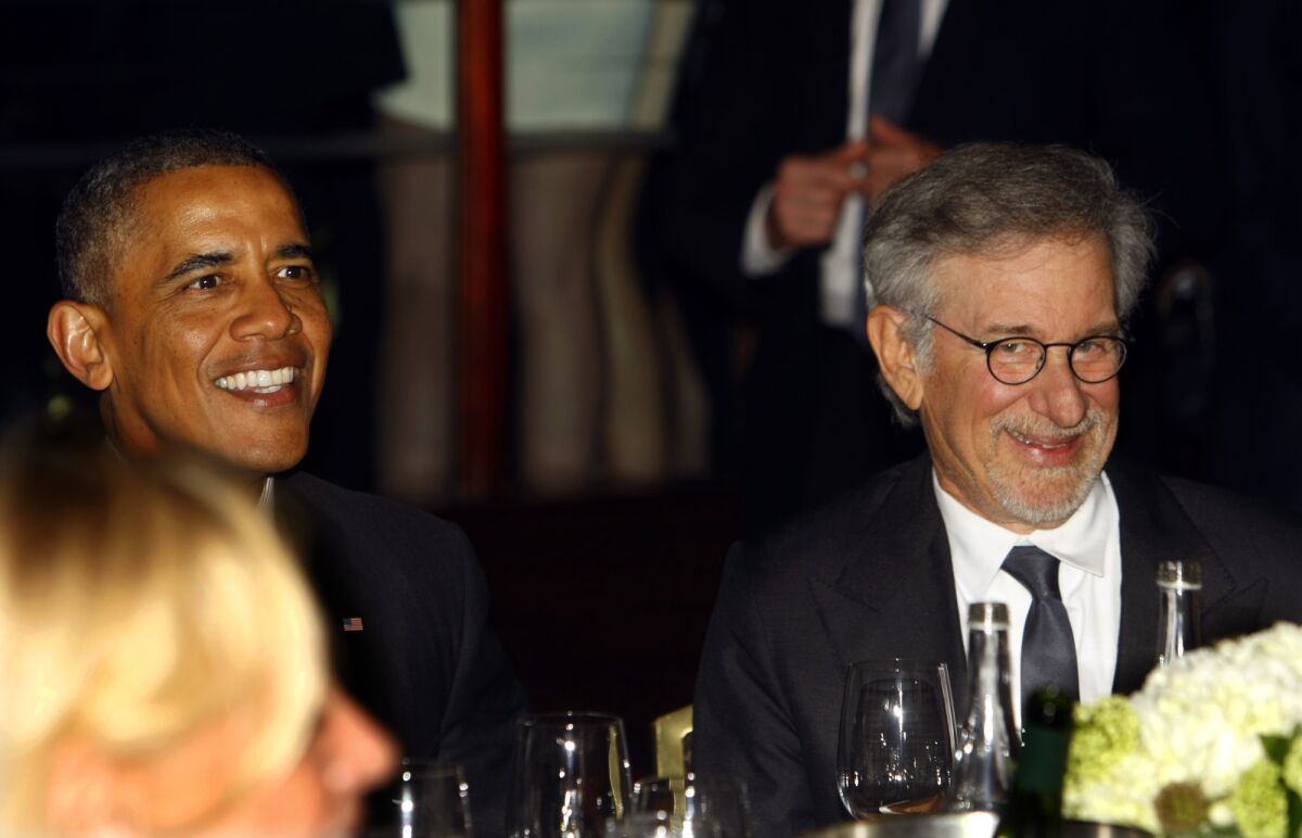 President Obama joins director Steven Spielberg at the Shoah Foundation gala in Century City.