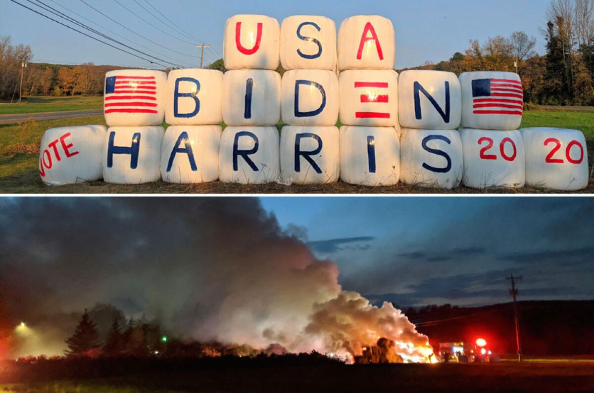 A Massachusetts farm's display of Biden-Harris painted hay bales; a second image shows the bales on fire.