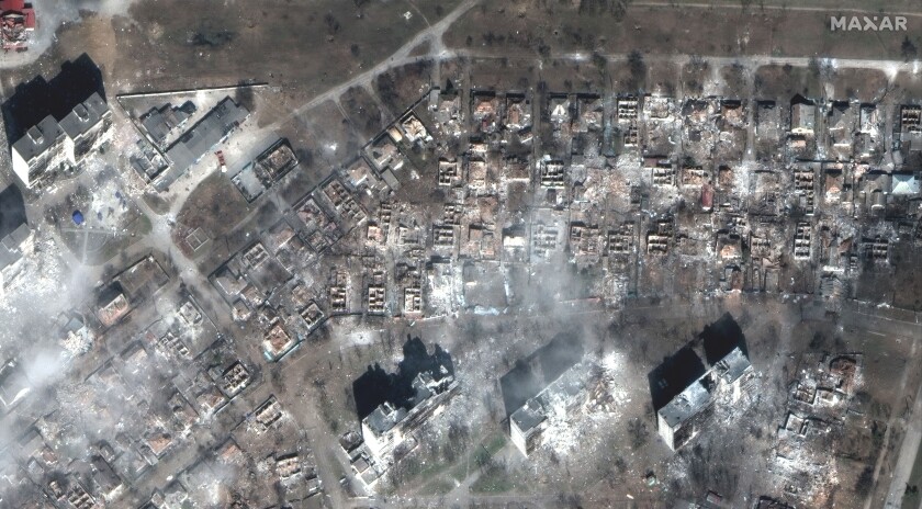 Aerial view of destruction in Mariupol, Ukraine