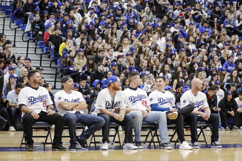 Dodgers players attend a pep rally at Saugus High School in Santa Clarita on Friday.