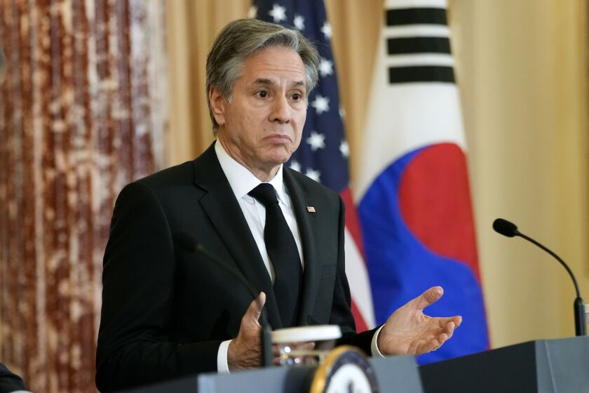 Secretary of State Antony Blinken, with Republic of Korea Foreign Minister Park Jin, not shown, speaks after they jointly signed a Memorandum of Understanding, Friday, Feb, 3, 2023 at the State Dept. in Washington. (AP Photo/Jacquelyn Martin)