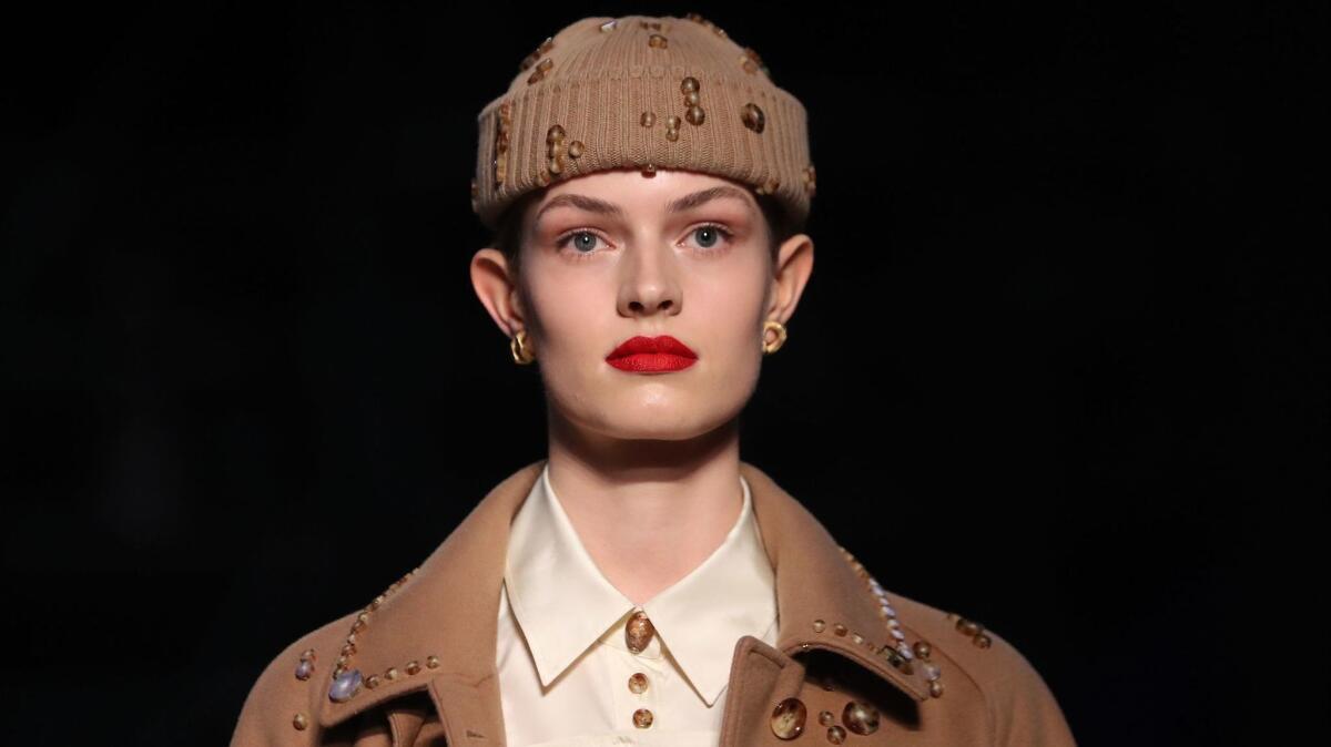 A close-up of the beige ribbed-knit cap, one of the many maritime references in Tisci's "Tempest" AW19 Burberry collection.