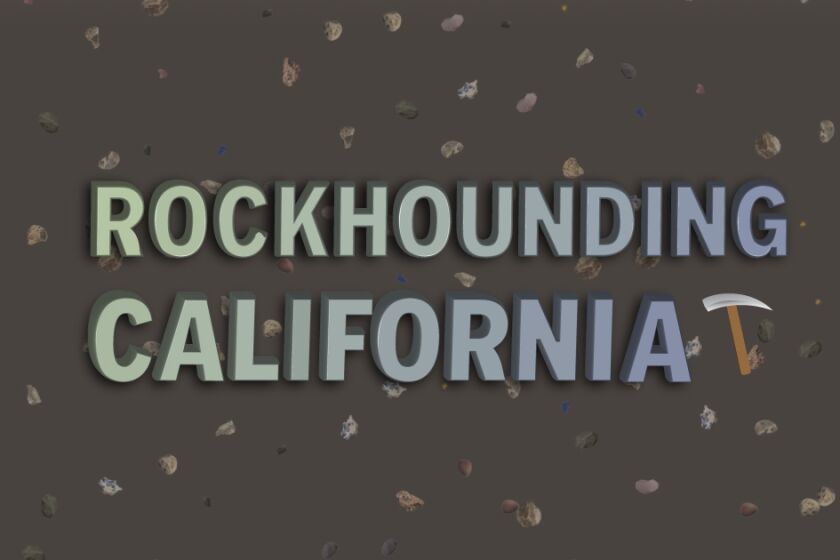 Beefy, extruded text reading "ROCKHOUNDING CALIFORNIA" with a small pickax, all on a background of small rocks