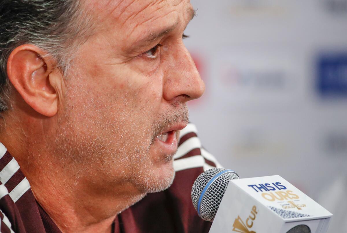 Mexico head coach Gerardo Martino speaks during a press conference before a training session at Soldier Field on July 6, 2019 in Chicago, Illinois, a day before the 2019 Concacaf Gold Cup final between Mexico and United States. (Photo by KAMIL KRZACZYNSKI / AFP)KAMIL KRZACZYNSKI/AFP/Getty Images ** OUTS - ELSENT, FPG, CM - OUTS * NM, PH, VA if sourced by CT, LA or MoD **