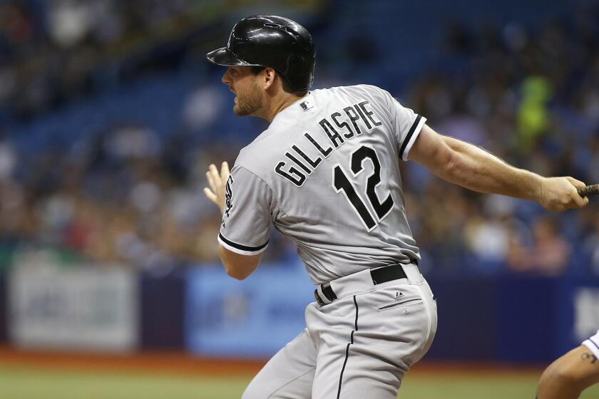 Chicago White Sox's Conor Gillaspie singles against Tampa Bay on June 12.