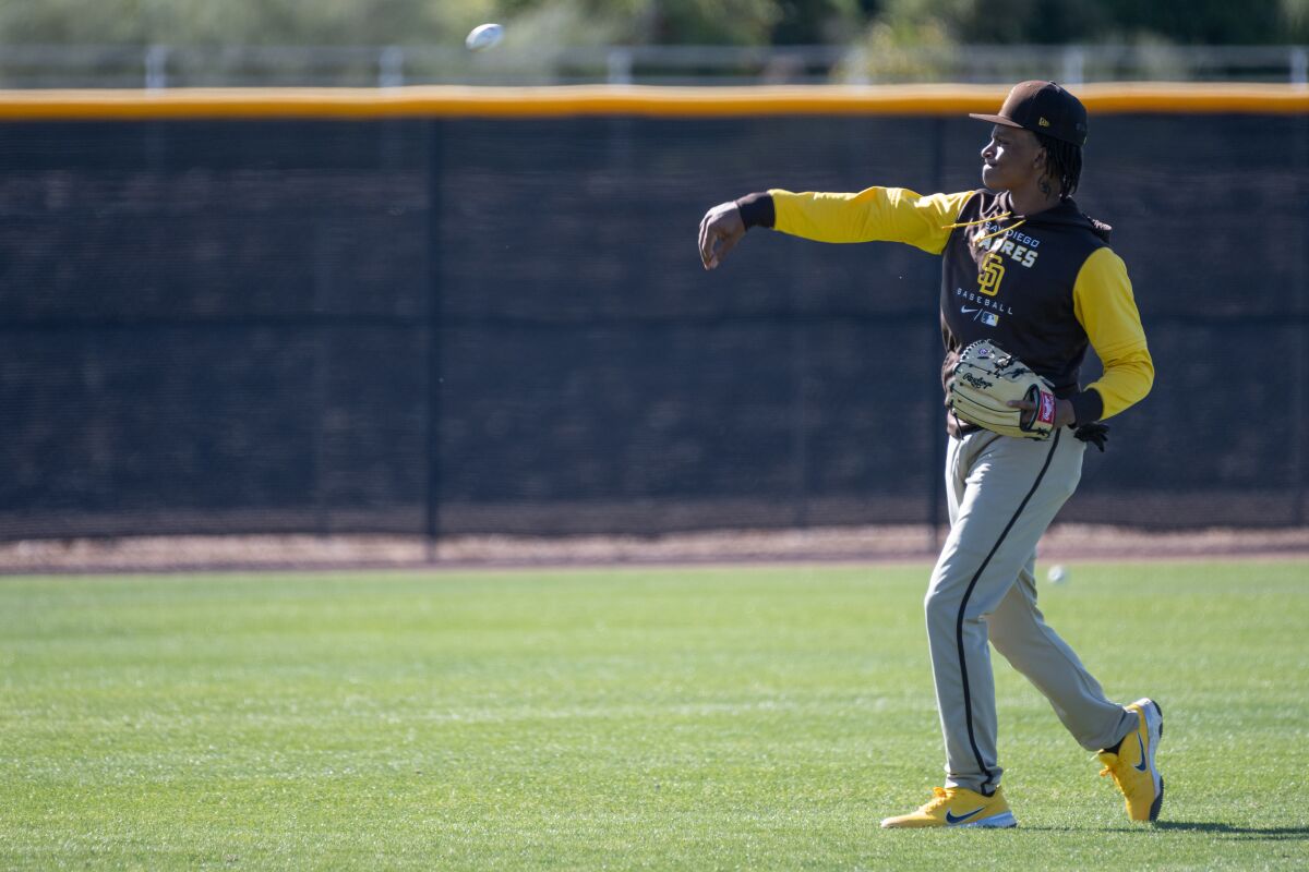 Padres minor-league shortstop CJ Abrams practices at Peoria Sports Complex.