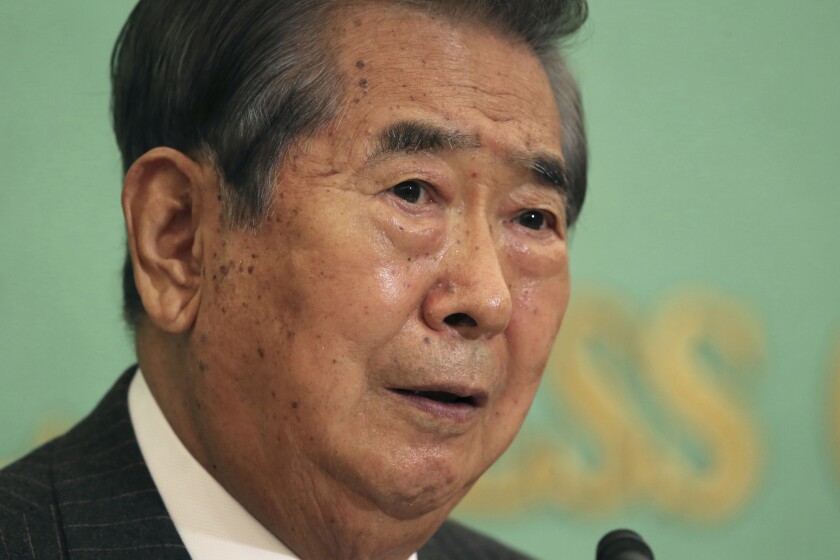 FILE - Former Tokyo Gov. Shintaro Ishihara speaks during a news conference regarding the relocation of the world's biggest Tsukiji fish market to the site of a former gas plant, in Tokyo, March 3, 2017. Ishihara, a nationalist politician remembered gaffe-prone Tokyo governor who provoked a dispute with China by campaigning for a purchase of disputed East China Sea islands, died Tuesday, Feb. 1, 2022. He was 89. (AP Photo/Koji Sasahara, File)