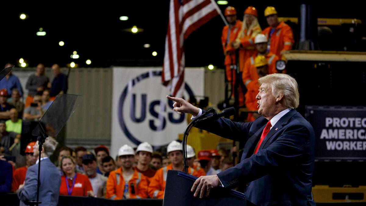 President Trump speaks at the U.S. Steel Granite City Works plant in Granite City, Ill., on July 26.