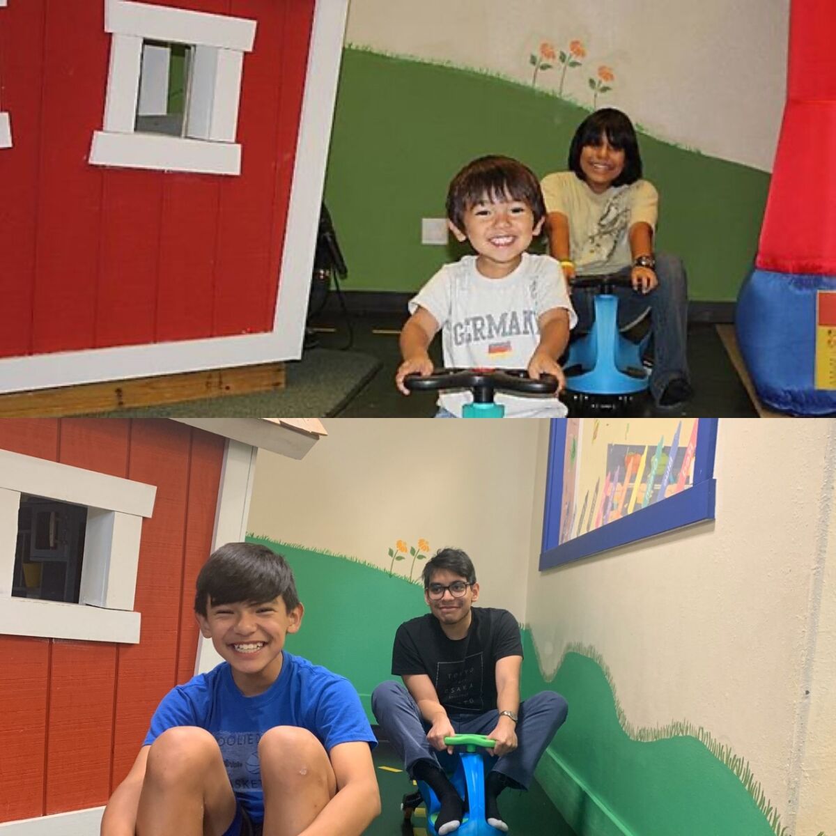 Awesome Playground owner Kay Osorio's son and nephew are shown riding trikes in 2010 and 2020. 