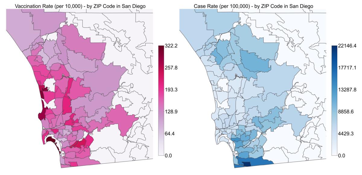 San Diego County vaccination rates and COVID-19 case rates by ZIP code are viewed side-by-side.