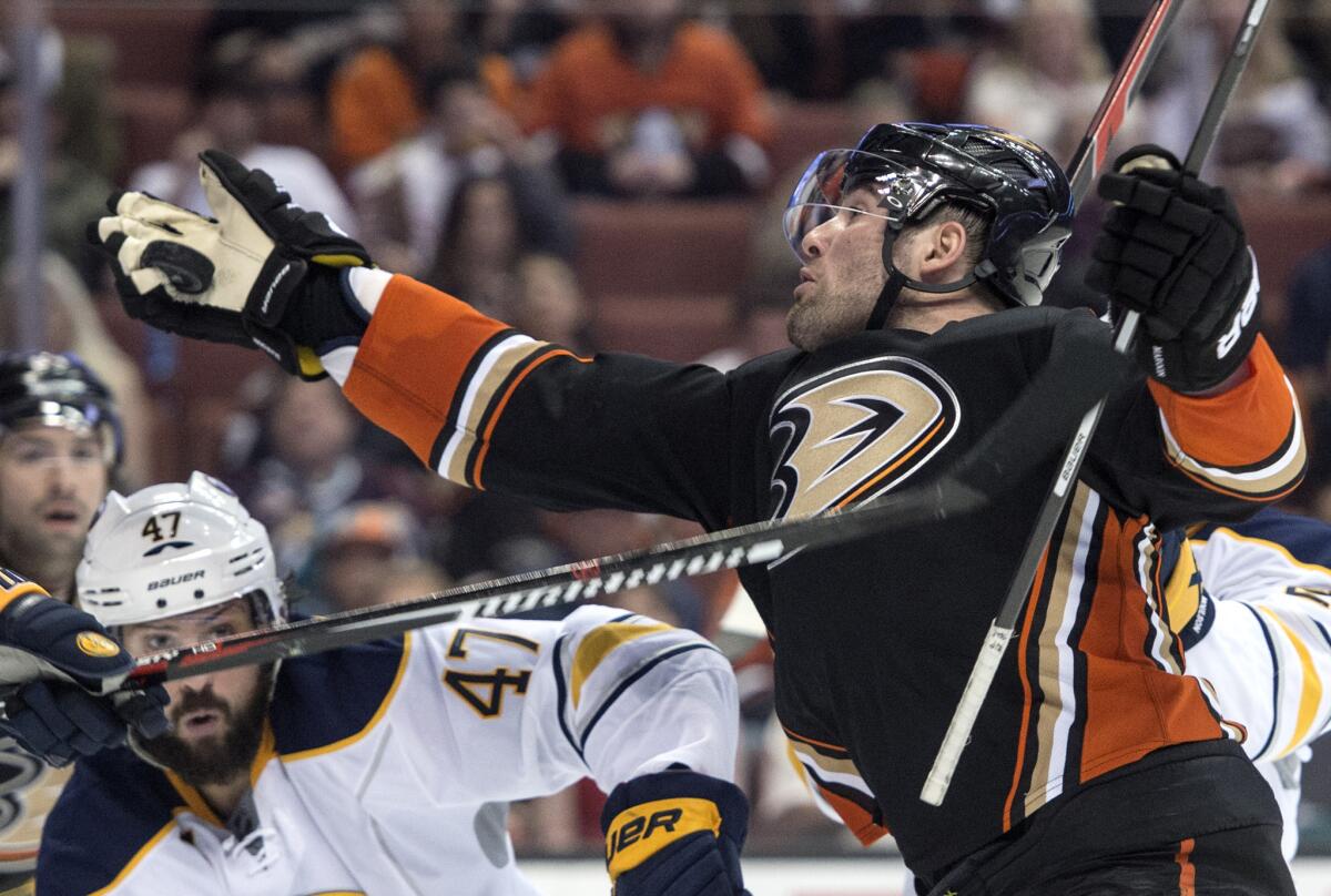 Patrick Maroon catches the puck out of the air during the Ducks' 1-0 victory over the Buffalo Sabres on Feb. 24.
