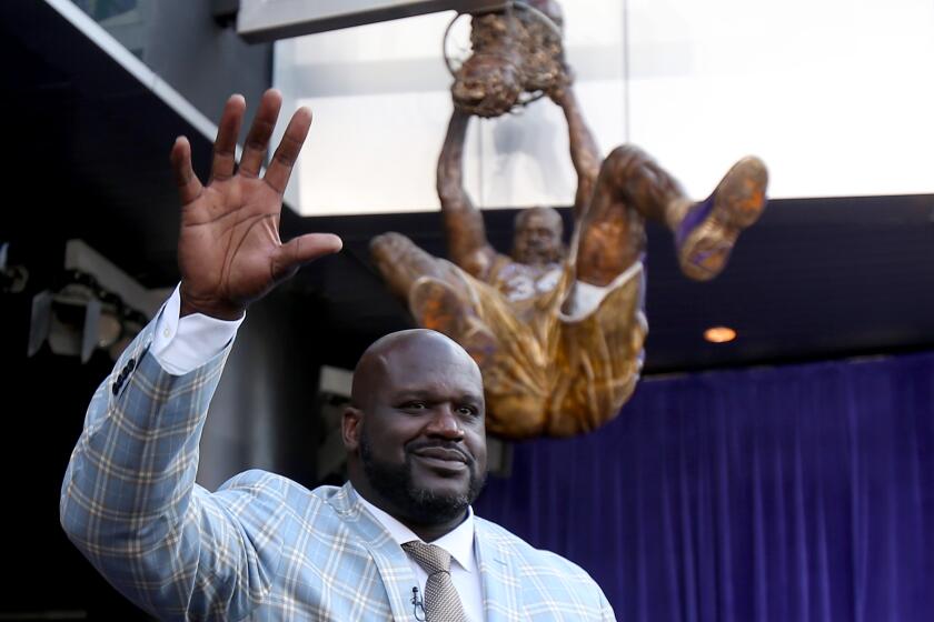 LOS ANGELES, CALIF. - MAR. 24, 2017. Lakers great Shaquille O'Neal is all smiles after the unveiling of his statue outside Staples Center in Los Angeles on Friday, Mar. 24, 2017. (Luis Sinco/Los Angeles Times)