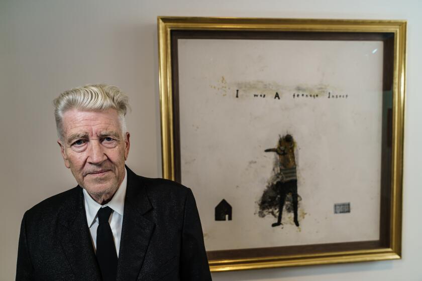 LOS ANGELES, CALIF. -- FRIDAY, SEPTEMBER 7, 2018: David Lynch poses for a portrait in front of his show, "I Was A Teenage Insect," exhibited at the Kayne Griffin Corcoran Gallery in Los Angeles, Calif., on Sept. 7, 2018. (Marcus Yam / Los Angeles Times)