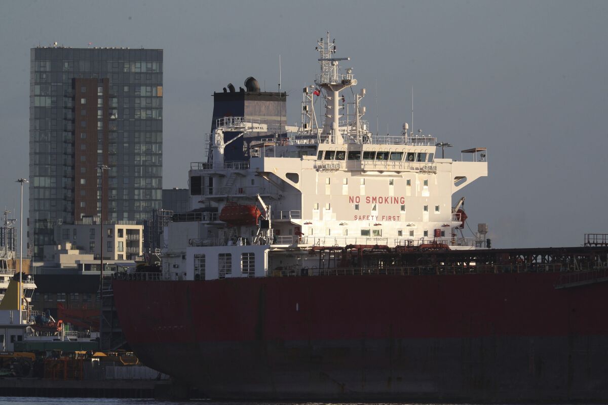 The Nave Andromeda oil tanker docked Monday in Southampton, England.