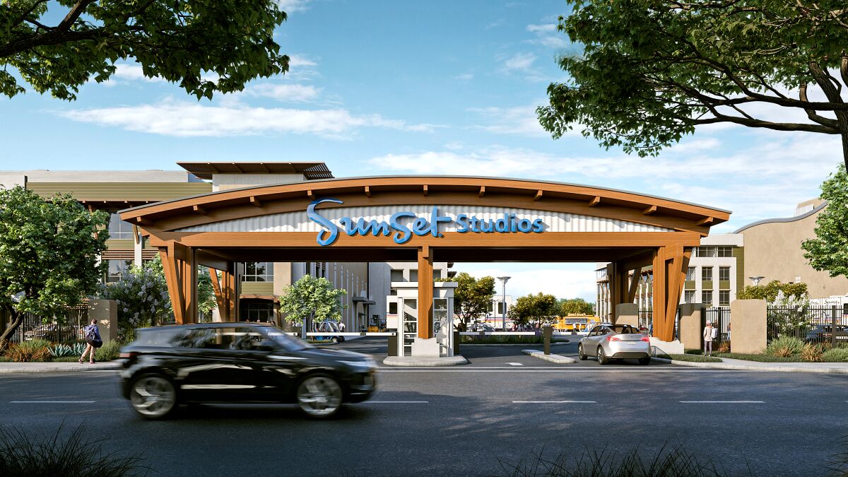 A rendering of the entrance to planned movie studio Sunset Glenoaks Studios in Sun Valley.