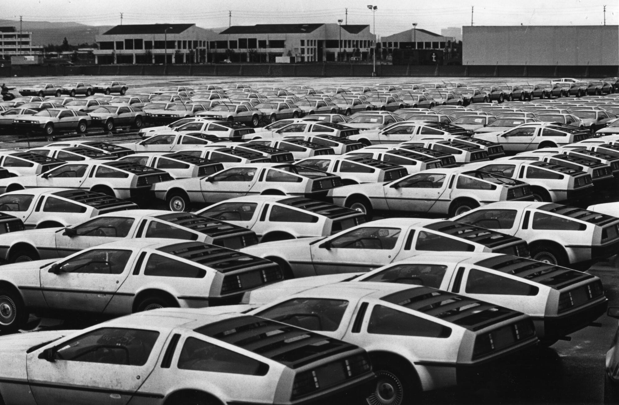 Cars of the same model in a lot as far as the eye can see.