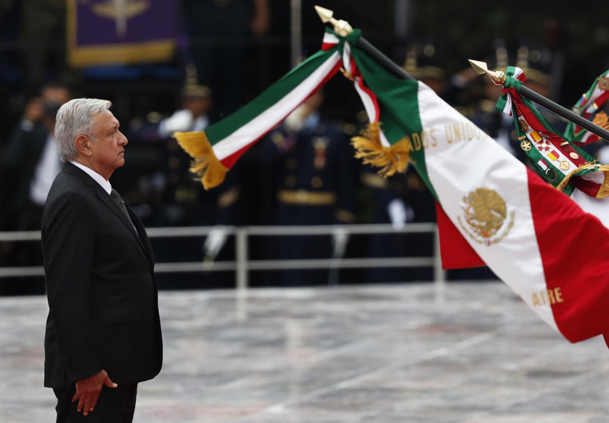Mexican President Andres Manuel Lopez Obrador participates in a ceremony Friday commemorating the "Ninos Heroes," a group of cadets who died defending the military academy from U.S. invading forces in the 1847 Battle of Chapultepec during the Mexican-American War.