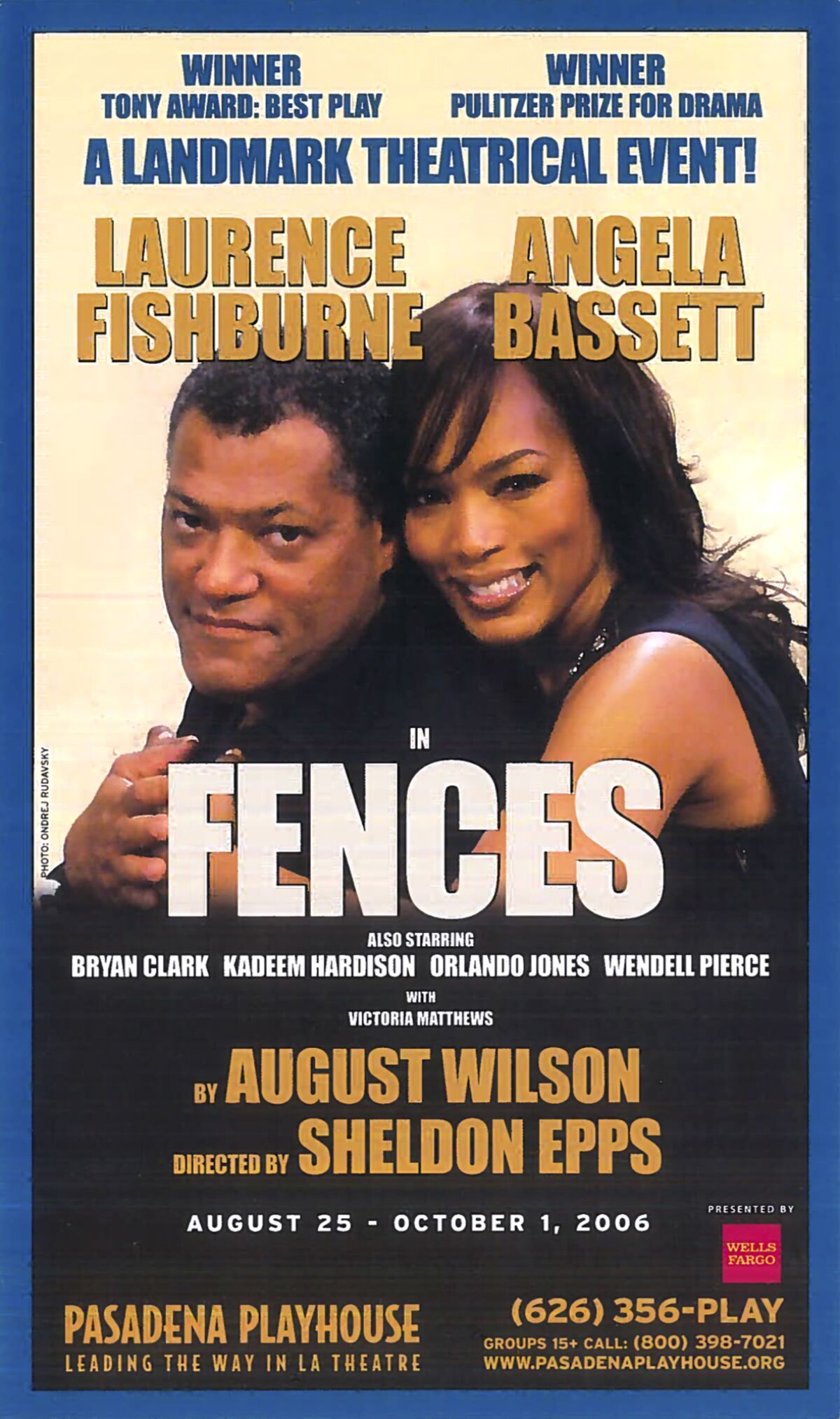 A poster contains an image of Laurence Fishburne and Angela Bassett advertising the play "Fences." 
