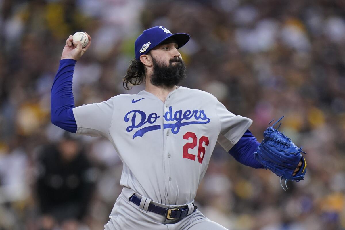Dodgers pitcher Tony Gonsolin works against a San Diego Padres batter during the first inning in Game 3 of the NLDS.