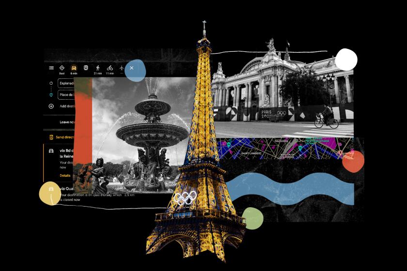 A collage of the Fontaine des Mers on the Place de la Concorde square, the Eiffel tower at night and The Grand Palais