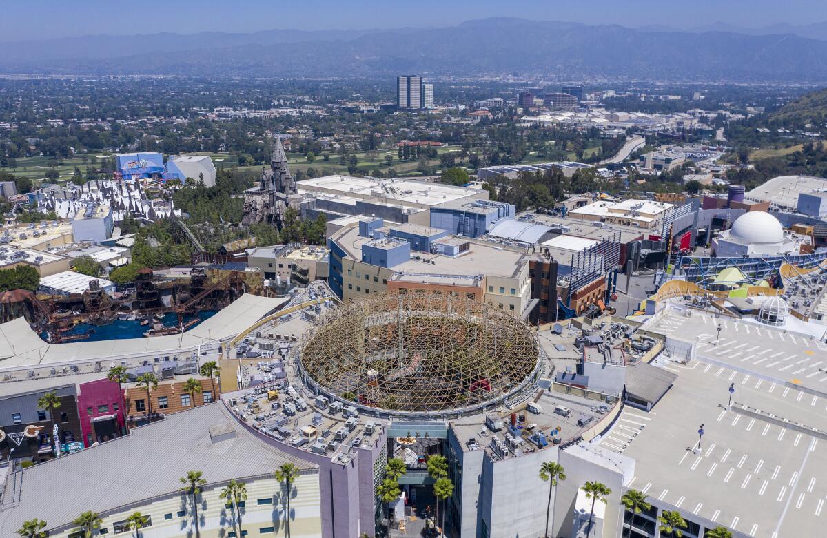 Aerial view of Universal Studios Hollywood and empty parking lots in April 2020