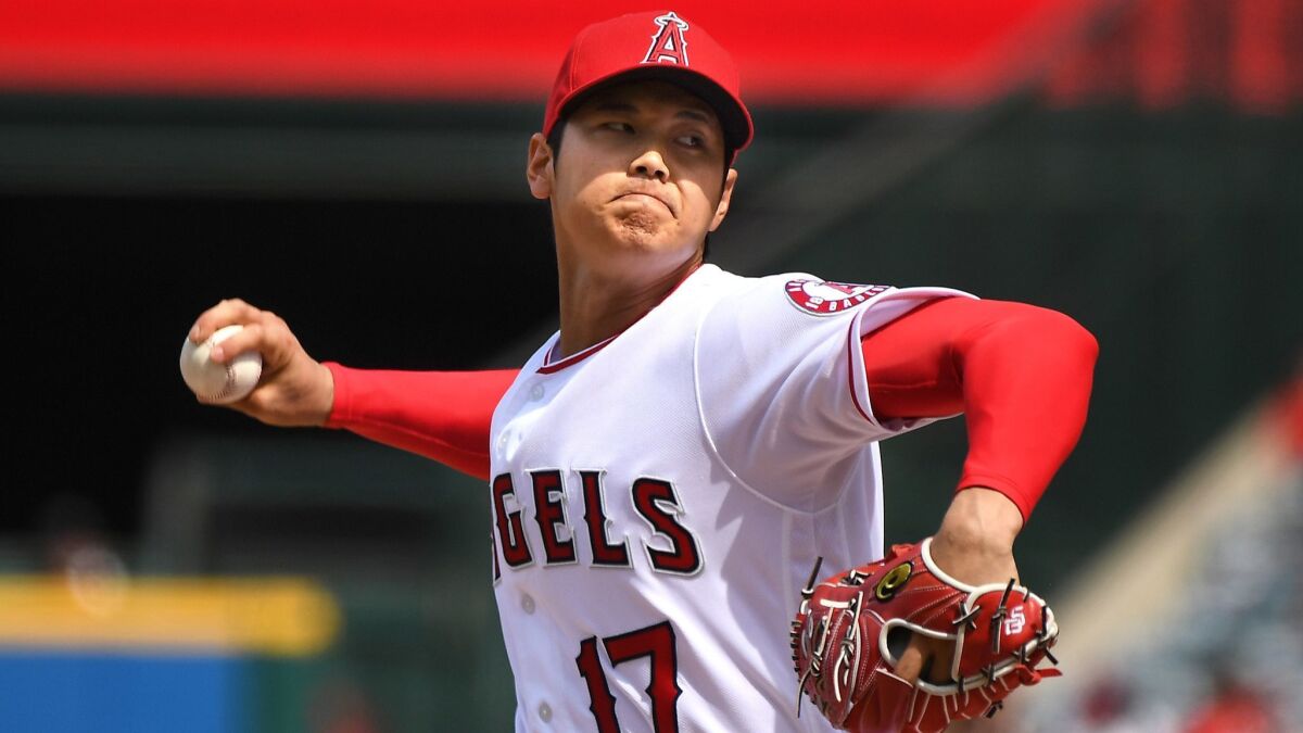 Angels pitcher Shohei Ohtani is shown in action against the Athletics on Sunday.