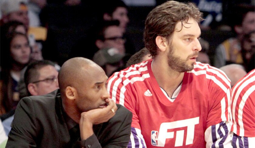 The Lakers won't be represented on the court during the Feb. 16 All-Star game in New Orleans thanks to a knee injury that will keep Kobe Bryant, left (with Pau Gasol) out of the game.