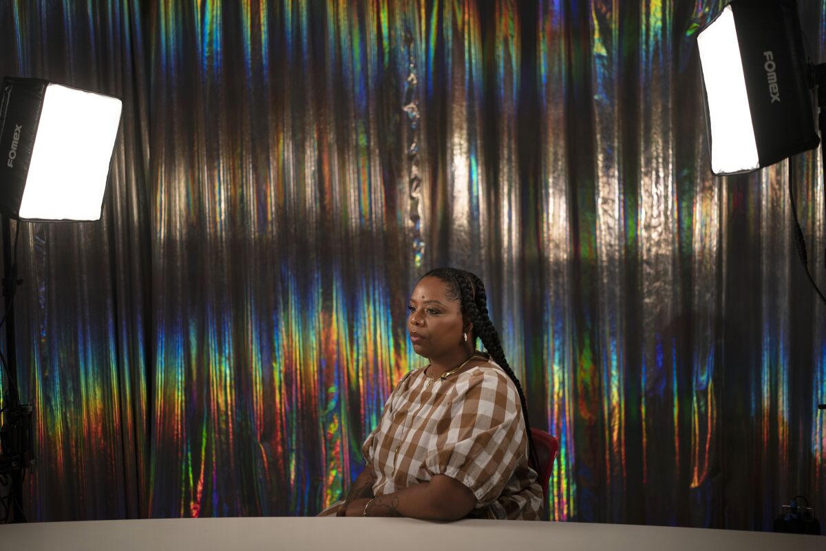 Black Lives Matter co-founder Patrisse Cullors sits for a photo after an interview with The Associated Press in Los Angeles, Wednesday, April 20, 2022. (AP Photo/Jae C. Hong)