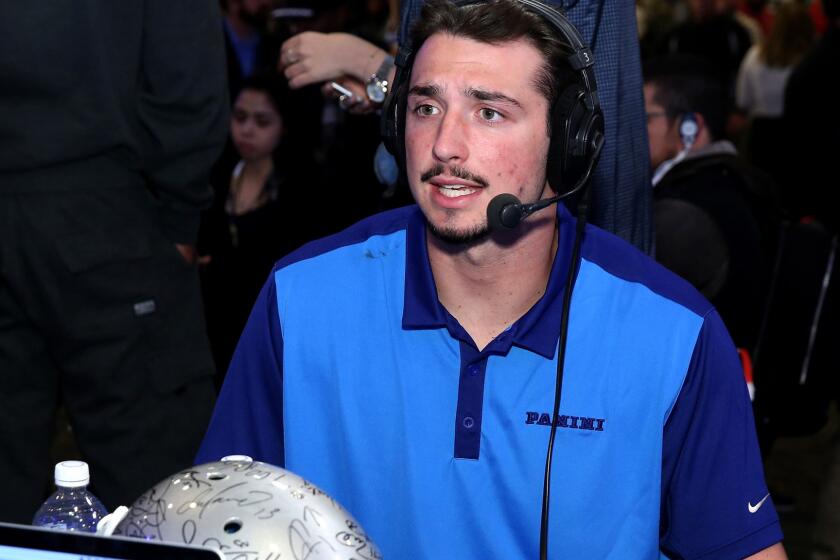 Paxton Lynch is interviewed on the SiriusXM set at Super Bowl 50 on Feb. 5.
