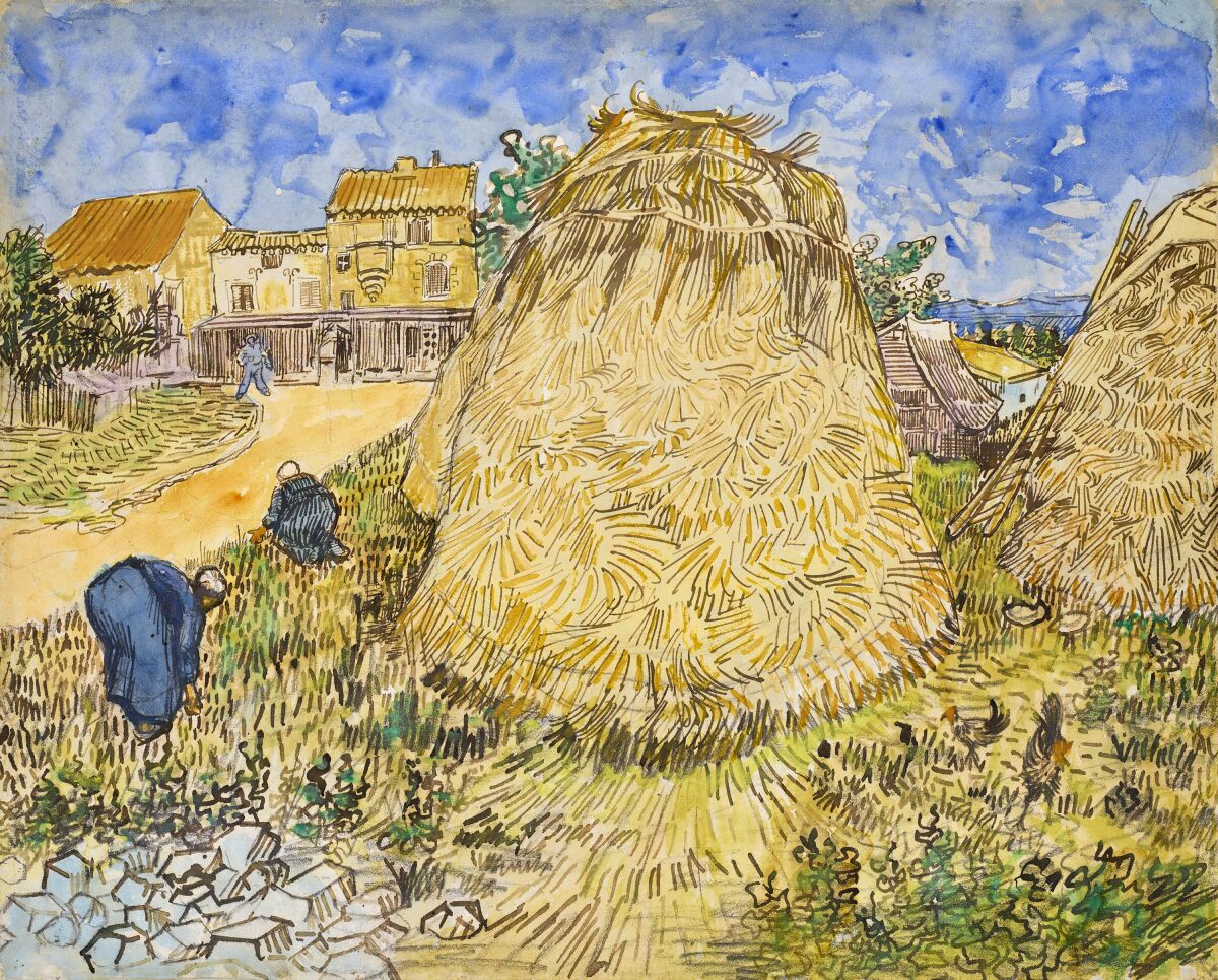 This image, provided by Christie's, shows Vincent van Gogh's 1888 work "Wheatstacks," to be offered in the dedicated sale "The Cox Collection: The Story of Impressionism," in New York, Nov. 11, 2021. The watercolor, seized by the Nazis during World War II is estimated at $20-million to $30-million. (Christie's via AP)