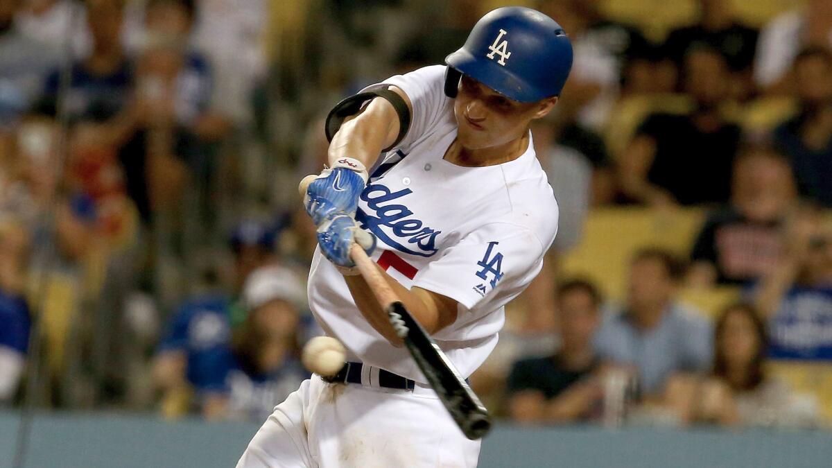 Corey Seager of the Los Angeles Dodgers swinging for a hit.