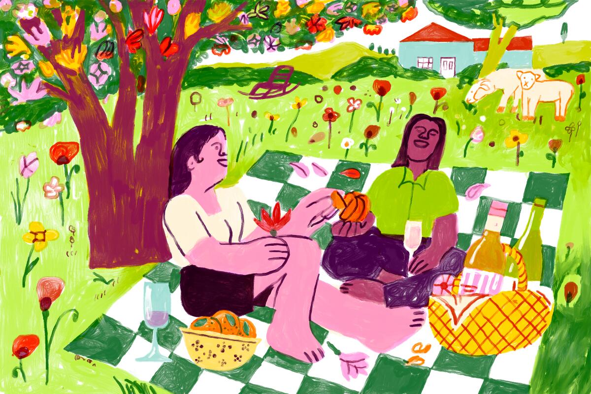 Friends enjoying wine at a picnic