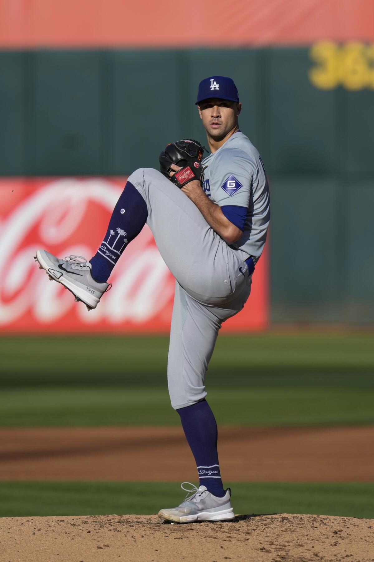 Dodgers pitcher Jack Flaherty on the mound in the first inning against Oakland on Saturday.
