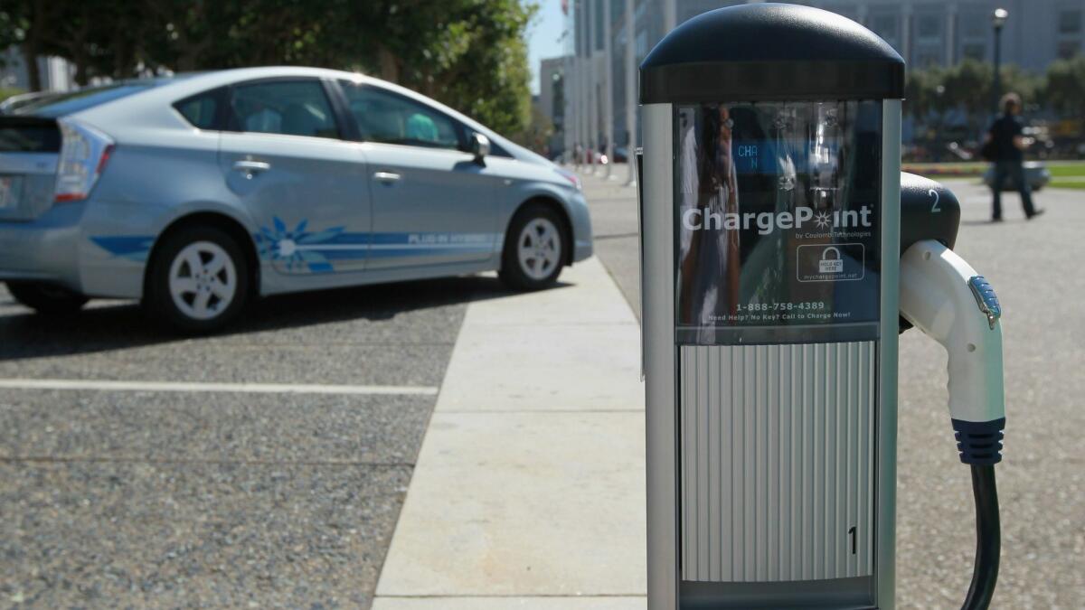 A new electric vehicle charging station is seen near San Francisco City Hall in San Francisco, California in 2010.